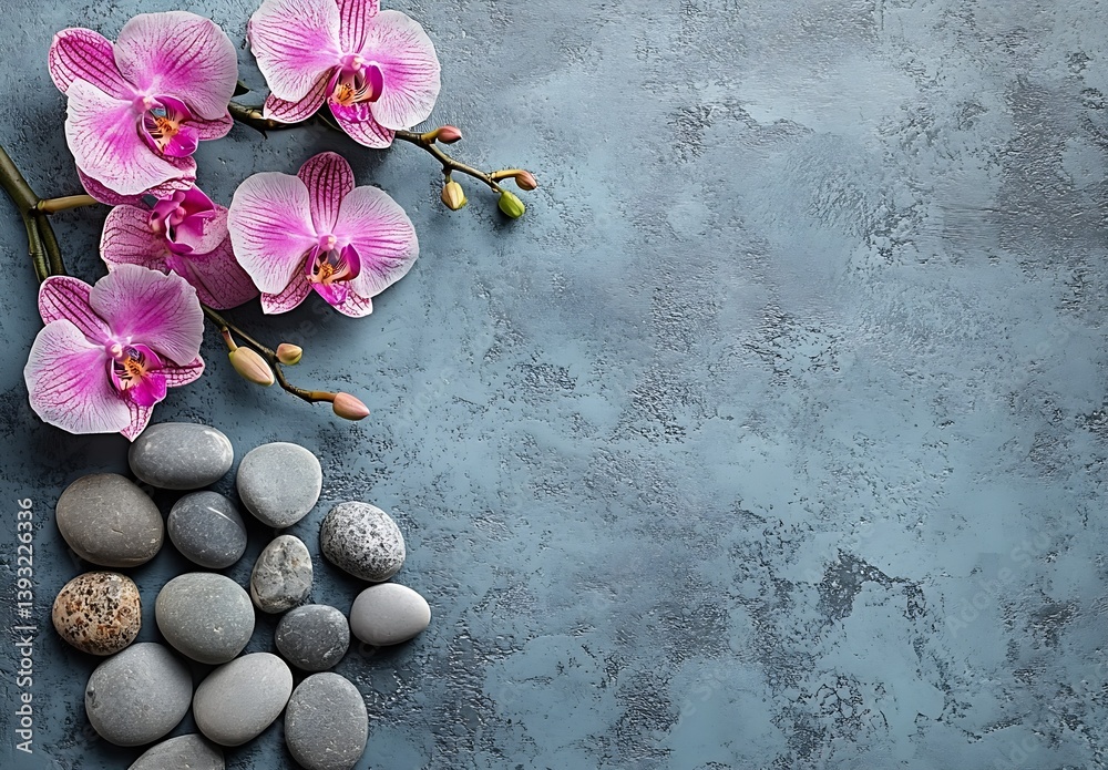Aufkleber stunning pink orchids and smooth stones on a rustic blue background : generative ai