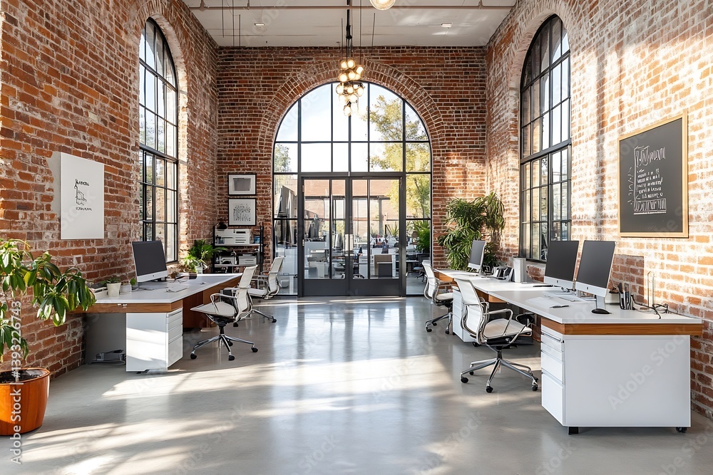 Aufkleber Spacious Modern Office Interior with Brick Walls Large Windows and Rows of Desks Collaborative Workspace Design : Generative AI
