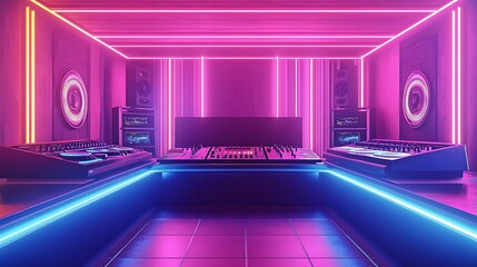 A neon illuminated room featuring a DJ setup and speakers