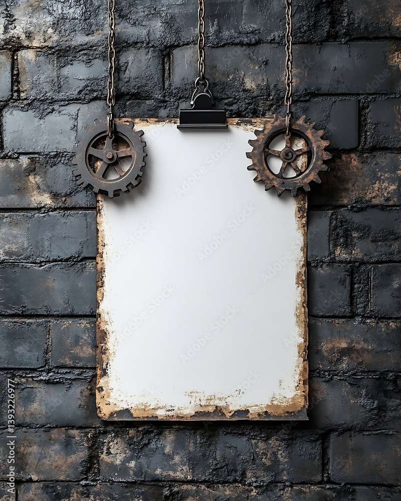 Poster industrial chic mockup blank paper on brick wall with gears and chains perfect for presentations or 