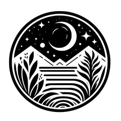 Circular Nightscape Icon: Mountains, Moon, Stars, Botanical Elements