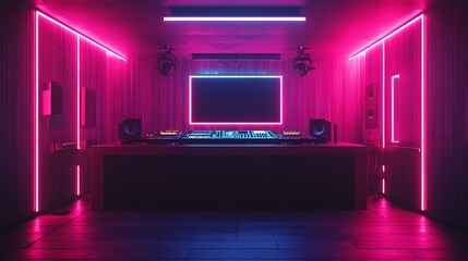 A futuristic music studio displays a vibrant neon lit environment