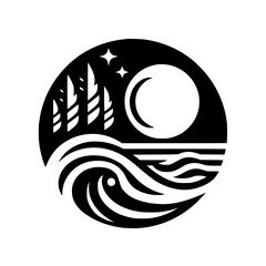 Night Sea and Forest Silhouette Icon - Circle Logo Design