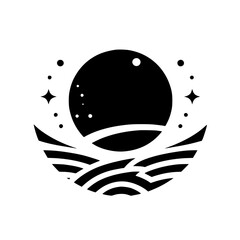 Minimalist Black & White Celestial Icon: Moon, Stars, & Waves