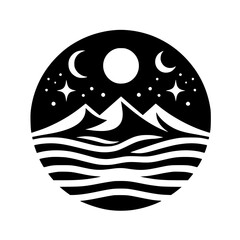 Serene Nightscape: Minimalist Mountain and Moon Circle Illustration
