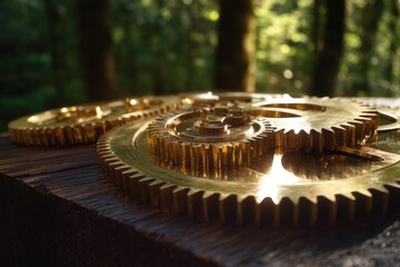 Fototapeta premium Golden gears interlock, bathed in sunlight, resting on dark wood, in a blurred forest backdrop.