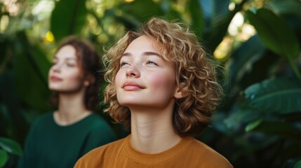 Fototapeta premium capture expressive portrait of eco-conscious person outdoors surrounded by plants or trees with serene expression and