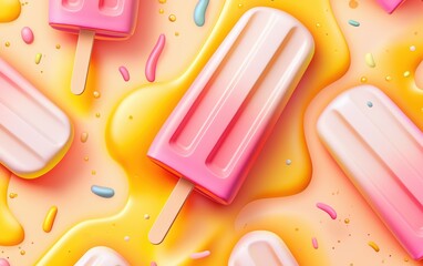 Seamless pattern of pastel popsicles, delicate melting ice cream drips, and tiny rainbow sprinkles, reminiscent of childhood beach days - lovely colorful candy nostalgia