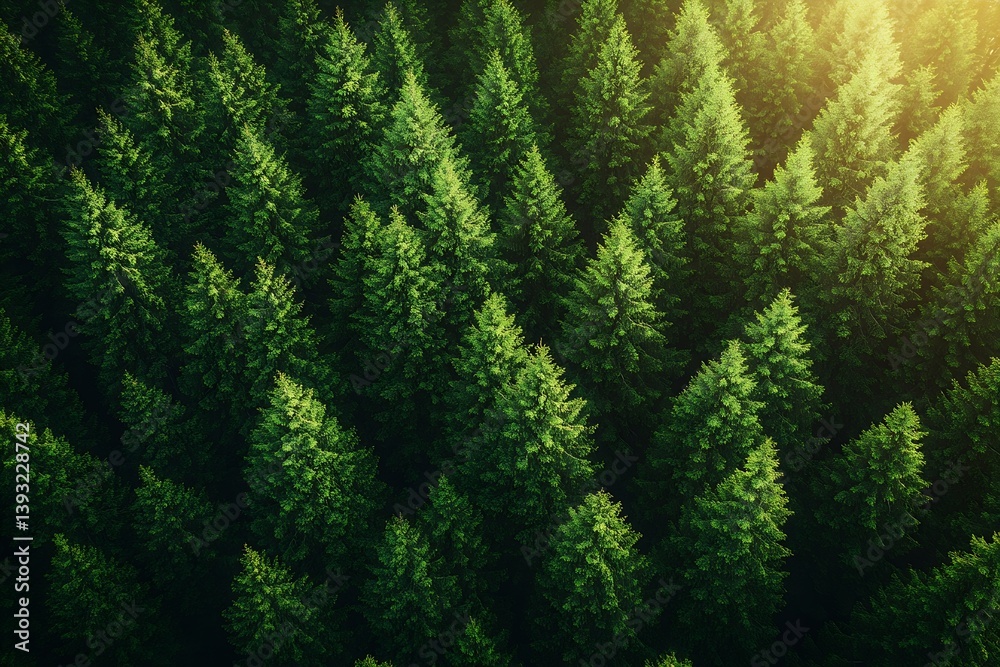 Poster aerial view of lush green pine tree forest creating a dense and peaceful natural landscape scene : g