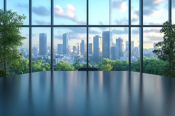Fototapeta premium Office Interior with City Skyline View and Polished Table Business Meeting Room for Corporate Presentation : Generative AI