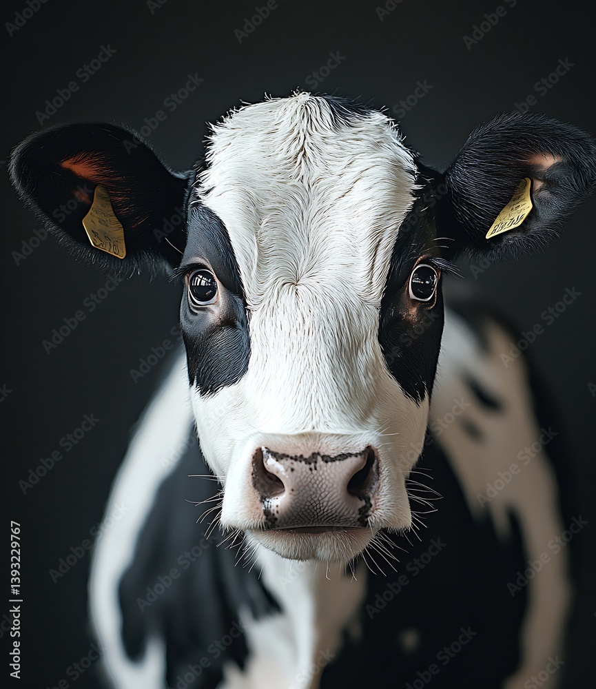 Poster Close Up Portrait of a Black and White Cow Staring Directly into the Camera on a Dark Background : Generative AI