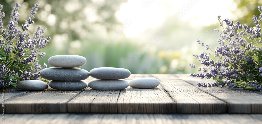 Poster elegant stones and lavender blossoms create a peaceful scene on a rustic wooden surface : generative