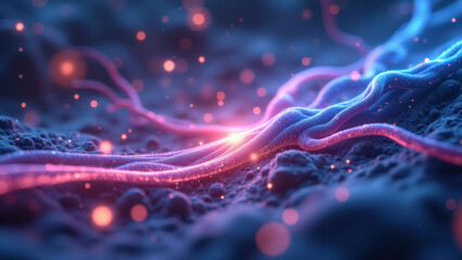 Obraz premium A close-up, vibrant depiction of a human Vagus Nerve with stimulated cells and glowing dots, showcasing neural activity.