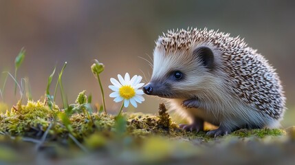 Naklejka premium Charming minimalist scene of a hedgehog sniffing a delicate flower in nature's tranquil setting