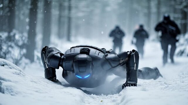 An android robot is shot from behind by silhouetted people while running in the forest and falls to the ground,a dramatic sci-fi action scene featuring a humanoid robot with glowing blue eyes