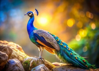 Obraz premium Exquisite Miniature Peacock on Rocks Vibrant Blue and Gold TiltShift Photography Captures Delicate Detail