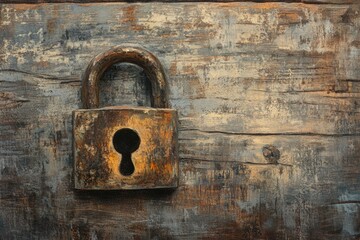 A rusty padlock rests on a weathered wooden surface, hinting at security, age, and mystery.