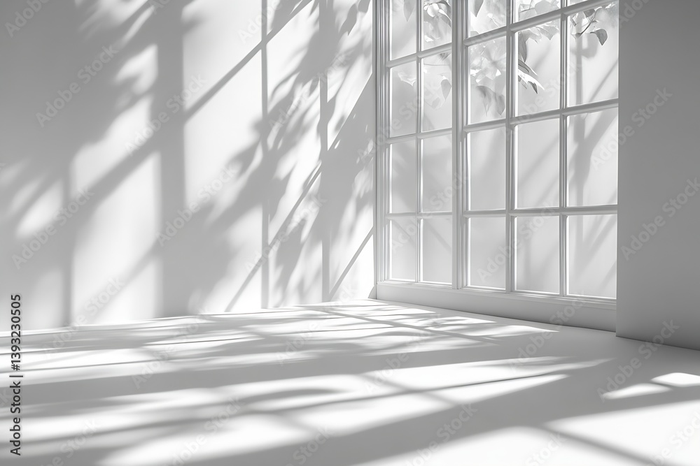 Poster white room interior with natural light streaming through window casting leaf shadows clean minimalis