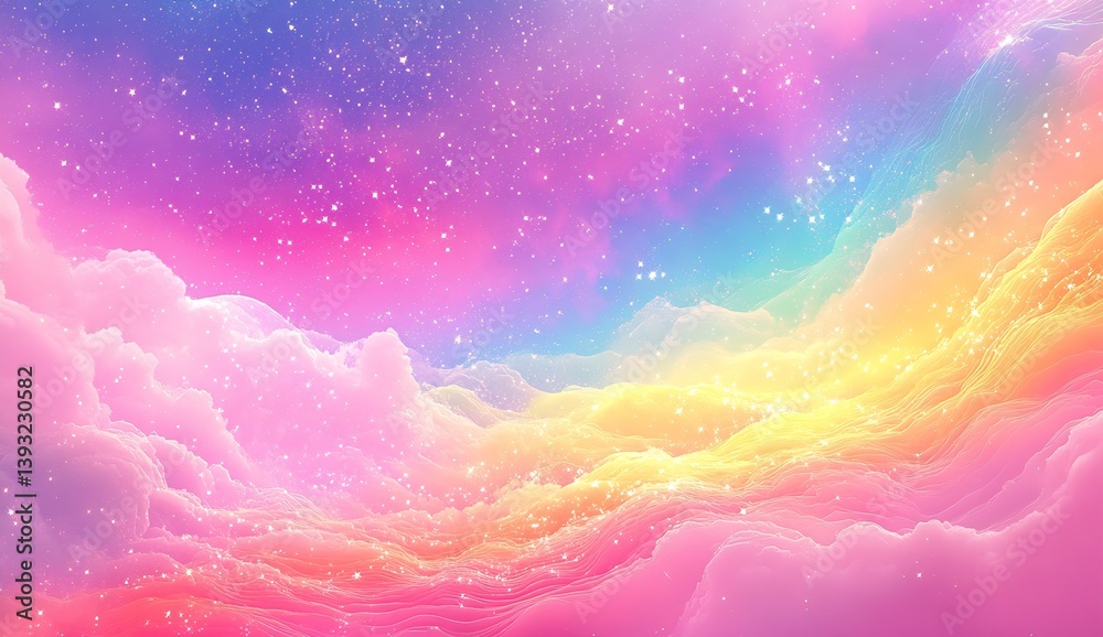 Poster vibrant cosmic clouds blending colors in a dreamy pastel sky filled with sparkling stars : generativ