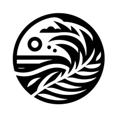 Black & White Coastal Logo Design: Wave, Sun, and Foliage