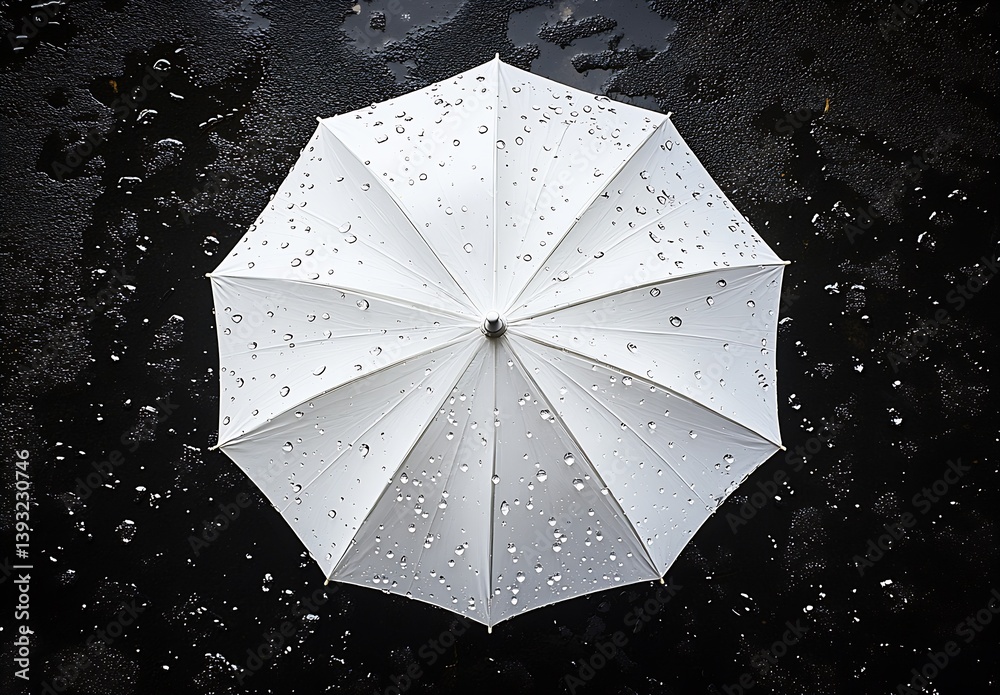 Poster overhead view of a white umbrella with raindrops resting on a wet surface with splashes of water : g
