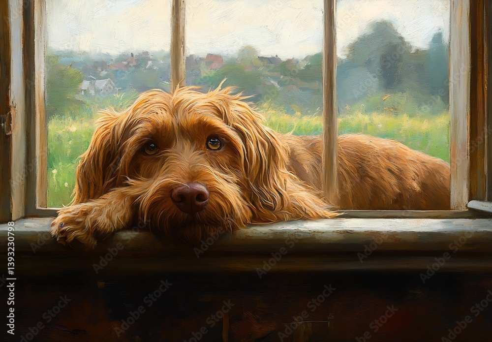 Poster artistic portrayal of a dog leaning against window bars with a scenic green landscape view : generat