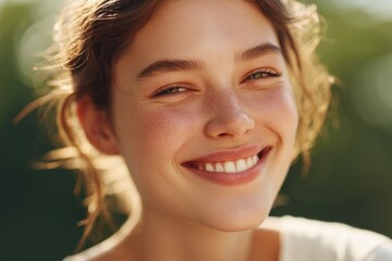 Obraz premium close-up of young person face expressing pure joy eyes sparkling with delight on sunny day