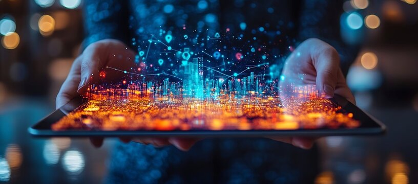 Hands Holding Tablet Displaying Futuristic City Network Connection Data Visualization Concept Digital Transformation Technology : Generative AI - Powered by Adobe