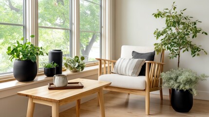 Fototapeta premium A serene living room with off-white walls, light maple wood furniture, and plants in matte black planters