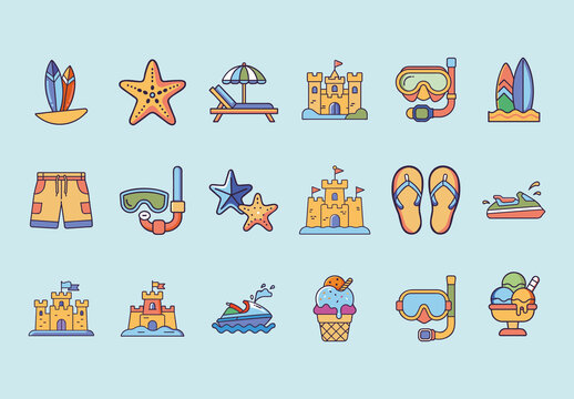 Colorful Fun Summer Beach Activities Icons Set