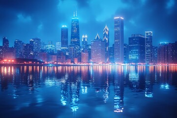 Spectacular Nighttime View of Chicago Skyline Reflected in Lake Michigan with Vibrant Blue and Red City Lights : Generative AI