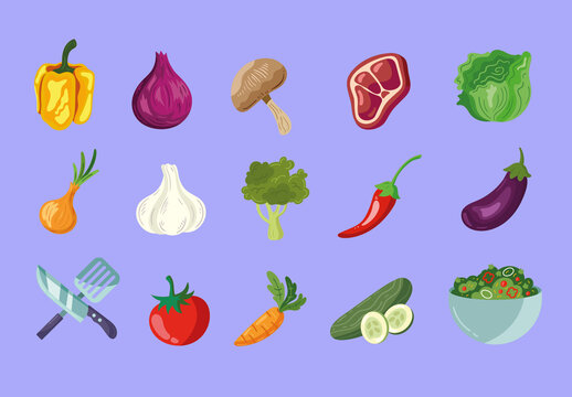 Colorful Fresh Healthy Vegetable Salad Food Illustration Set