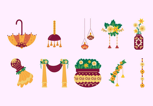 Ornamental Decorative Traditional Indian Wedding Celebration Illustration Design Set