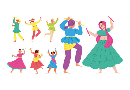 Energetic Traditional Hindu Festival Dance Moves Illustration Design Set