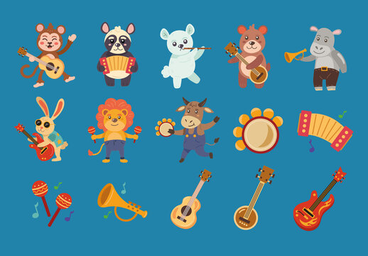Adorable Animal Band With Musical Instruments Illustration Design Set
