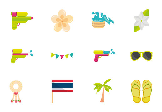 Colorful Thai Songkran Water Festival Elements Illustration Set