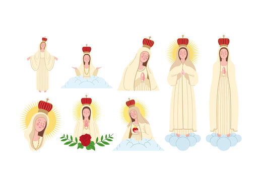 Colorful Virgin Mary Religious Symbol Devotion Illustration Set