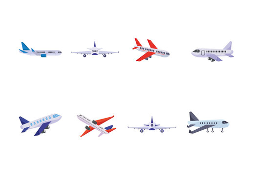 Grey Red and Blue Flying Passenger Airplane Illustration Set