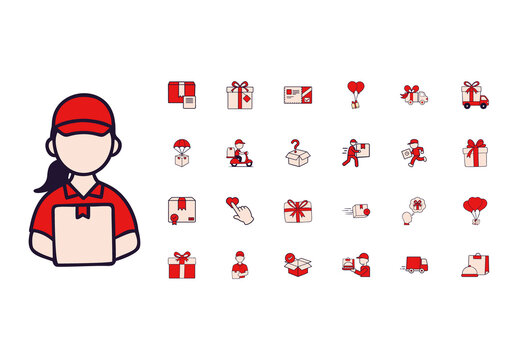 Red And Beige Fast Package Delivery Illustration Design Set