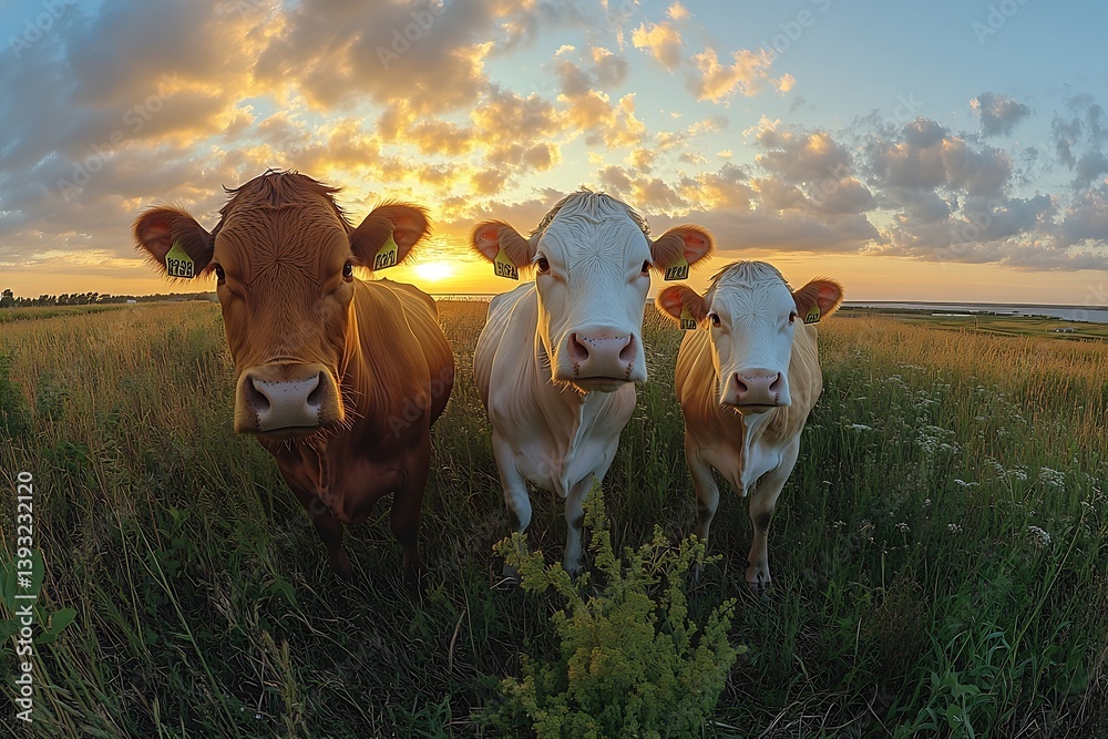 Poster three cows standing in a field at sunset farm animals grazing in a pasture with scenic cloudy sky fo