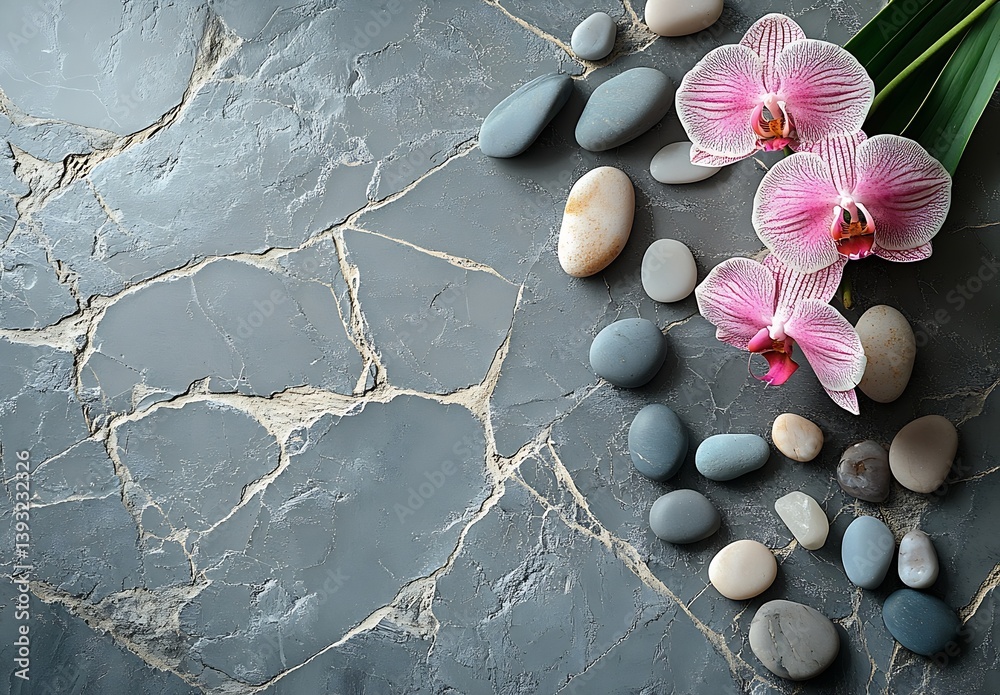 Poster serene arrangement of pink orchids and smooth stones on a textured gray surface : generative ai