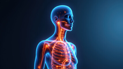 Medical illustration of a human head with highlighted brain and neural pathways, focusing on vagus nerve stimulation (VNS).