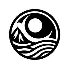 Black and White Circular Coastal Landscape: Sun, Waves, Mountain, Minimalist