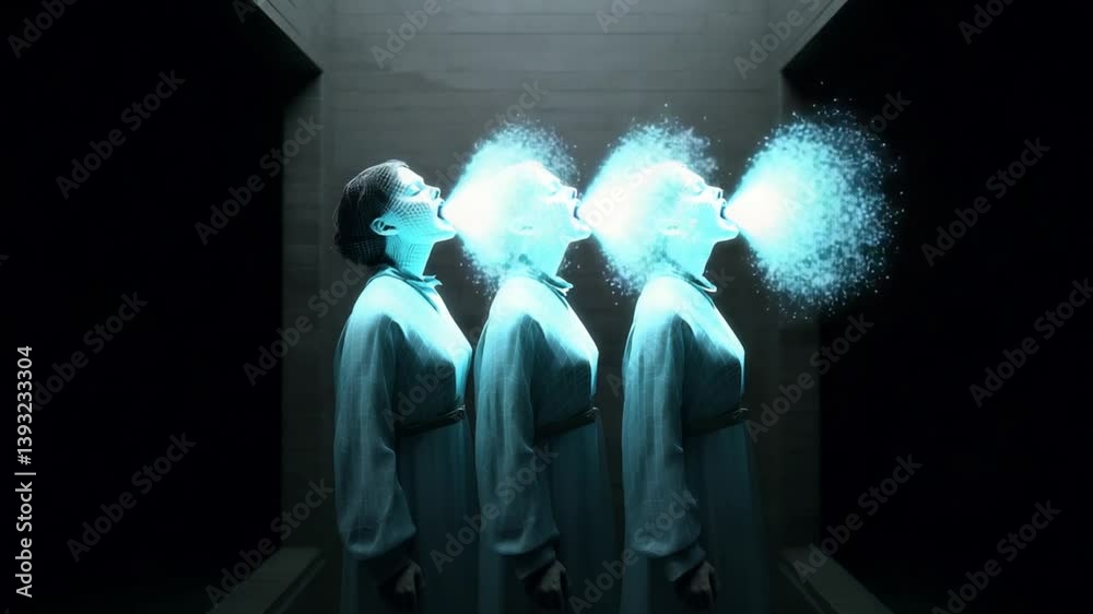 Poster Ghostly Figures Harmonizing in a Hauntingly Luminous Setting Generative AI