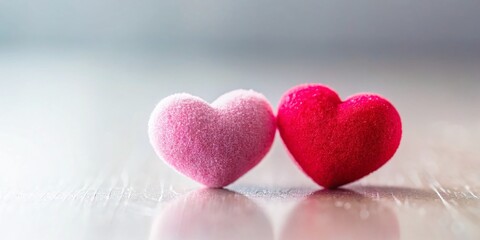 Obraz premium A Tilted Perspective on Love Miniature Pink and Red Hearts Celebrating Valentines Day Romance with a Touch of