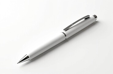 White ball pen on white background. Close-up office writing tool for business. Isolated object for presentations, writing notes, signing documents. Elegant, minimalistic design, perfect for corporate