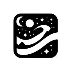 Night Sky Landscape Icon: Moon, Stars & River in Rounded Square