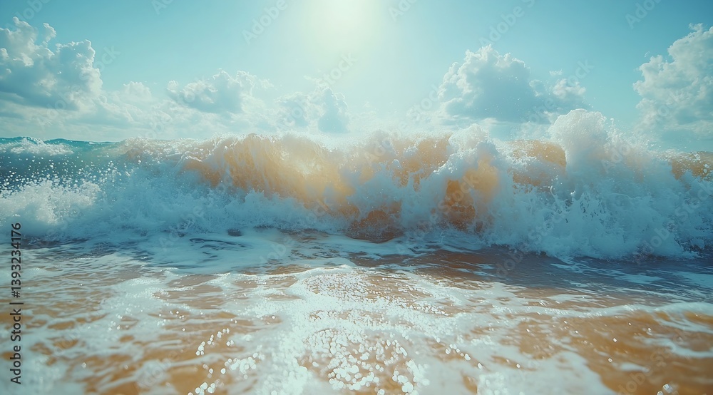 Fototapete crashing ocean wave with blue sky and clouds sunlight breaks through sea foam creating dynamic coast