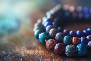 Close-up of vibrant gemstone beads, forming a beautiful bracelet on a wooden surface.