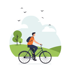 Fototapeta premium Man riding bicycle through green landscape in flat vector art